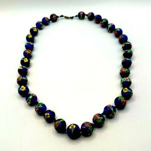 Cobalt blue hand painted floral clay necklace